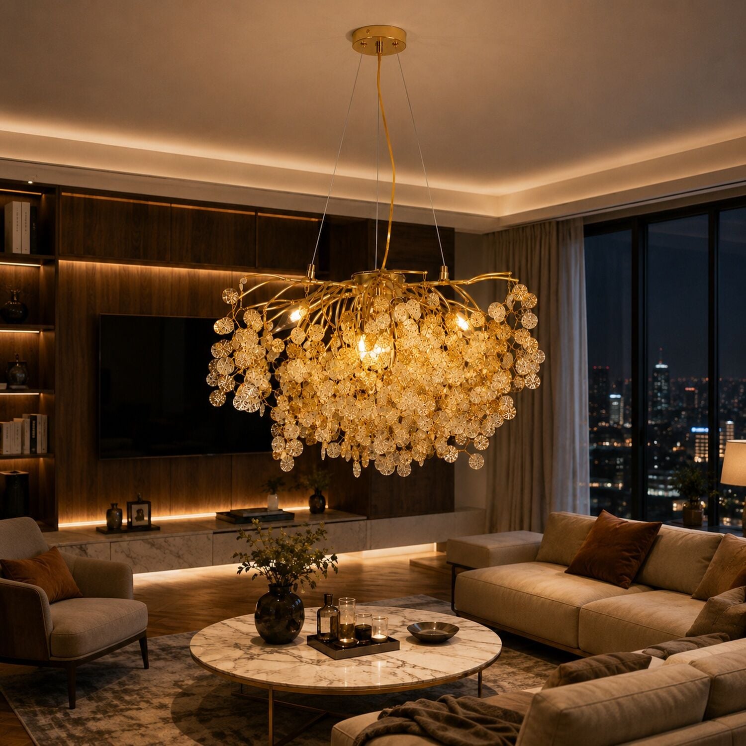 Masal 60'lık Yuvarlak Gold Kristal Taşlı Modern, Oturma Odası, Salon Avize