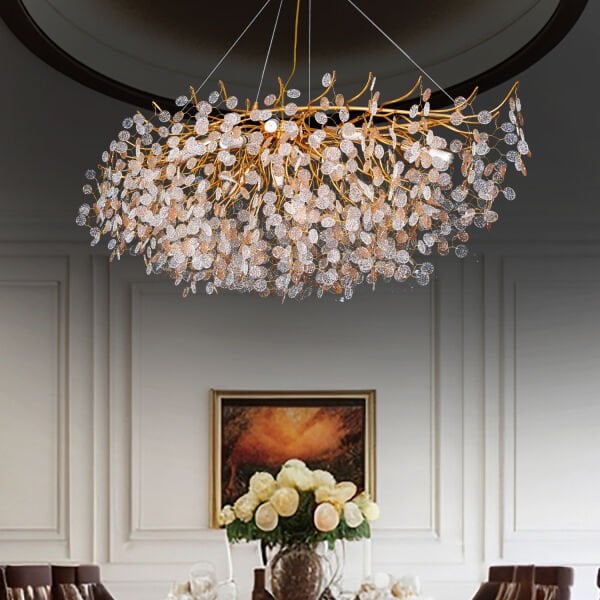 Masal Sıralı Gold Yemek Masası Üstü, Kristal Taşlı Modern, Oturma Odası, Salon Avize