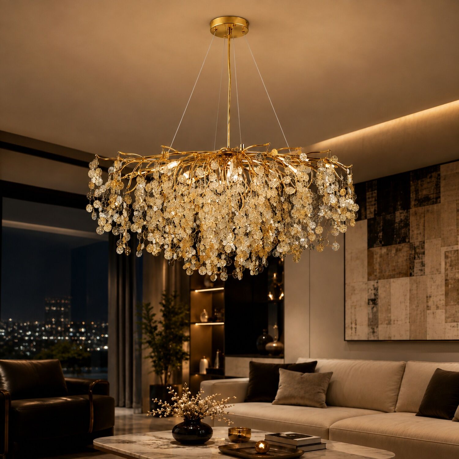 Masal Sıralı Gold Yemek Masası Üstü, Kristal Taşlı Modern, Oturma Odası, Salon Avize