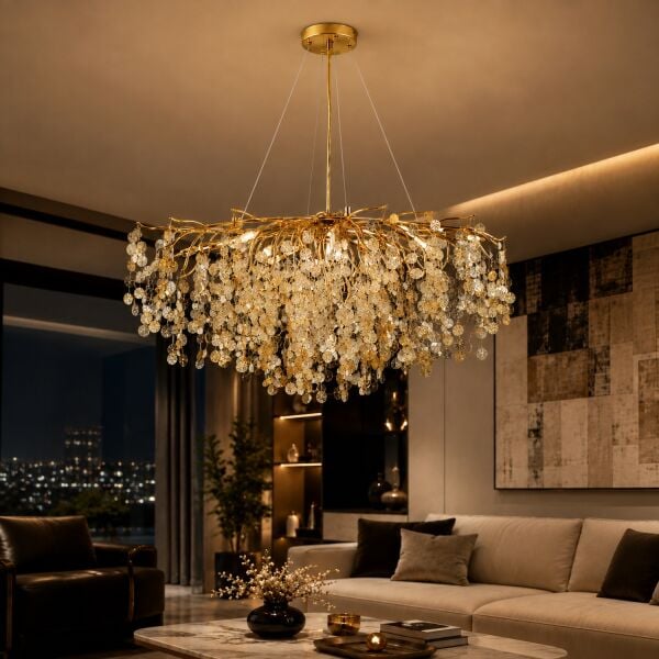 Masal Sıralı Gold Yemek Masası Üstü, Kristal Taşlı Modern, Oturma Odası, Salon Avize