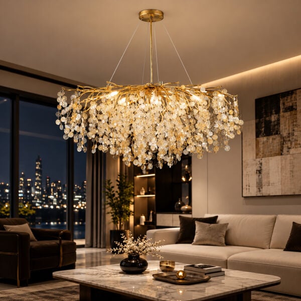 Masal Sıralı Gold Yemek Masası Üstü, Kristal Taşlı Modern, Oturma Odası, Salon Avize