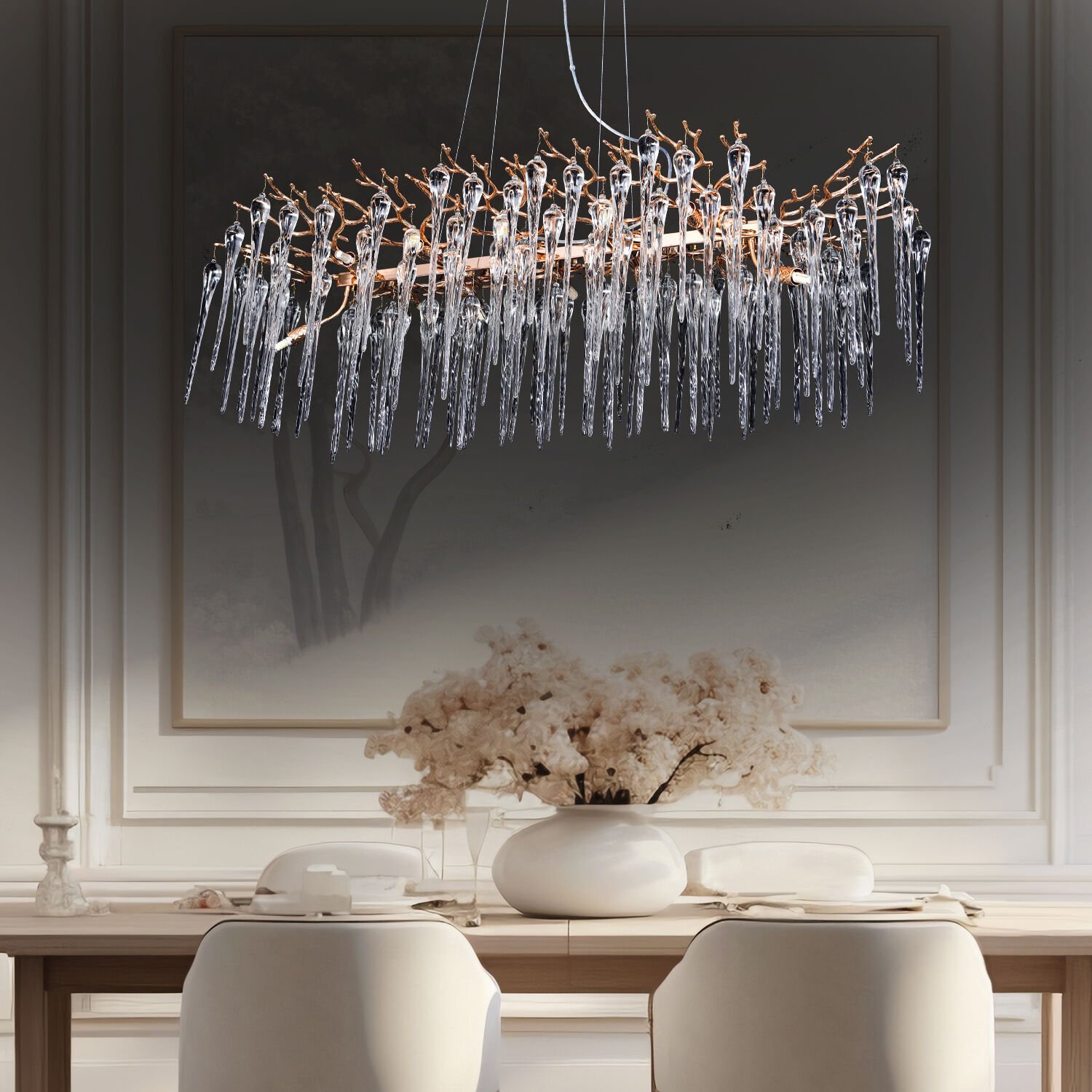 Laura Sıralı Gold Yemek Masası Üstü Kristal Taşlı Modern Tasarım Su Damlası Taşlı Salon Avize