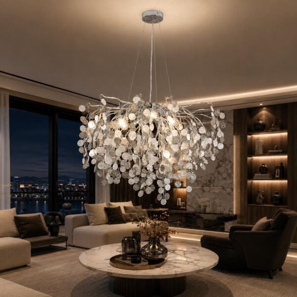 Masal 60'lık Yuvarlak Krom Kristal Taşlı Modern, Oturma Odası, Salon Avize