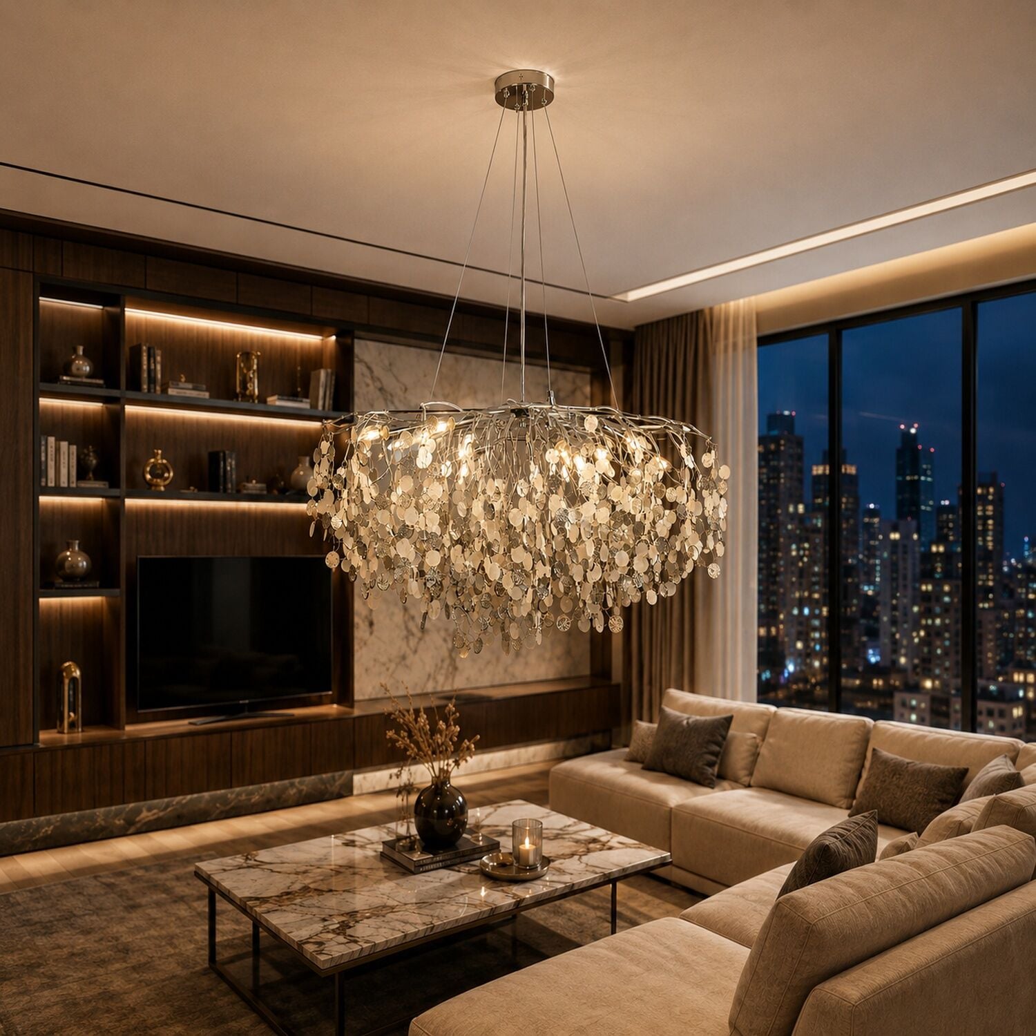 Masal Sıralı Krom Yemek Masası Üstü, Kristal Taşlı Modern, Oturma Odası, Salon Avize