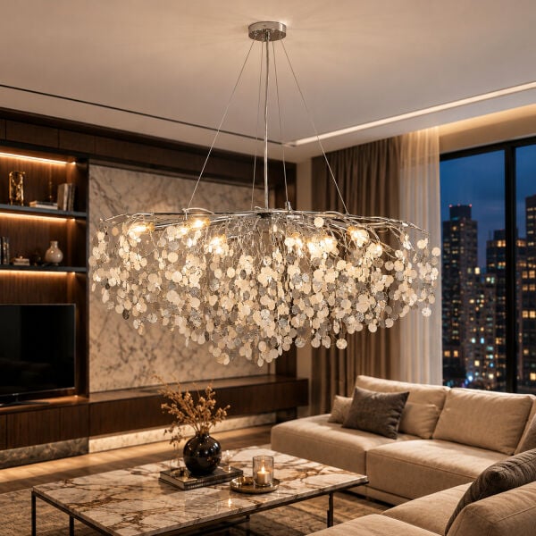 Masal Sıralı Krom Yemek Masası Üstü, Kristal Taşlı Modern, Oturma Odası, Salon Avize