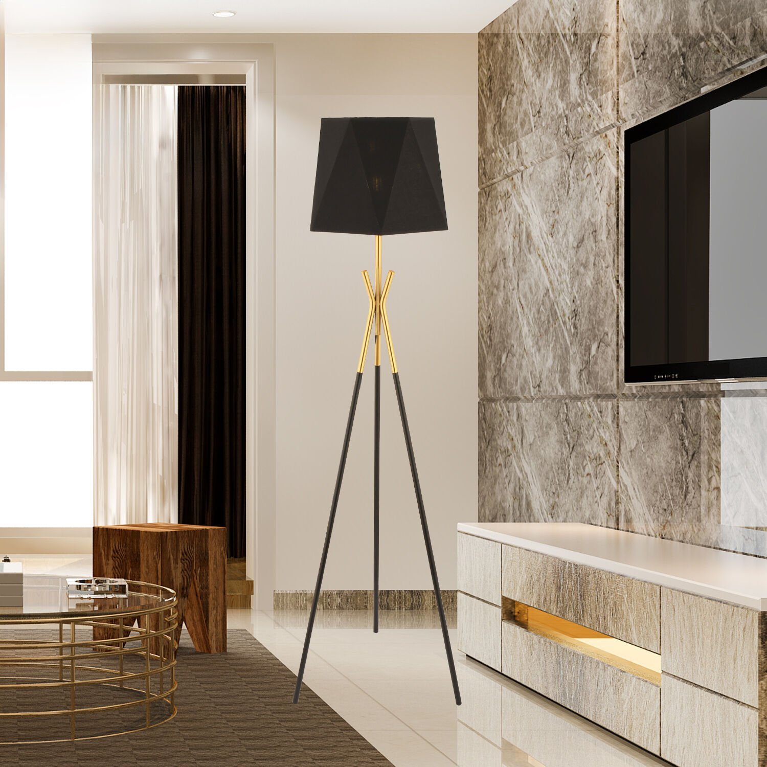 Akasya Tripot Ayaklı Siyah Eskitme Dekoratif Salon Lambader