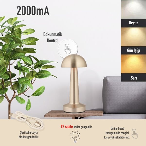 Orvin Nikel Şarjlı Dokunmatik Dim Edilebilir 3 Renkli Masa Lambası 2000ma Pil Gücü Ile 7 Saat