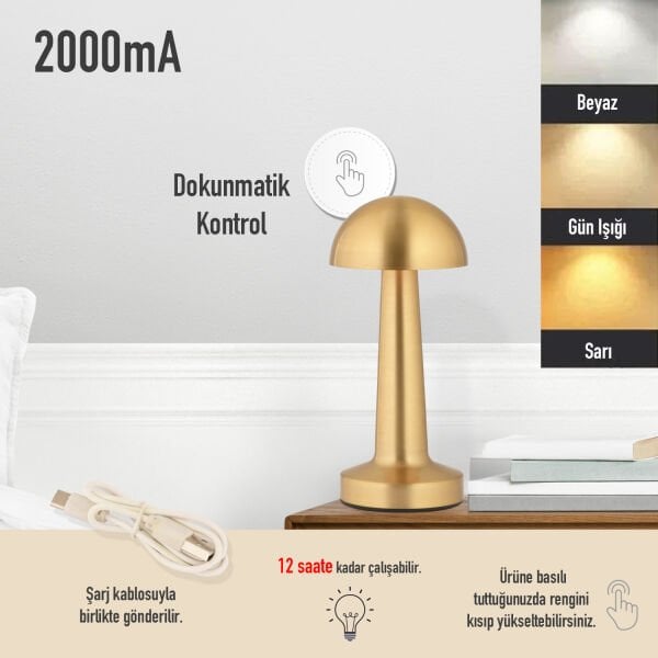Orvin Eskitme Şarjlı Dokunmatik Dim Edilebilir 3 Renkli Masa Lambası 2000ma Pil Gücü Ile 7 Saat
