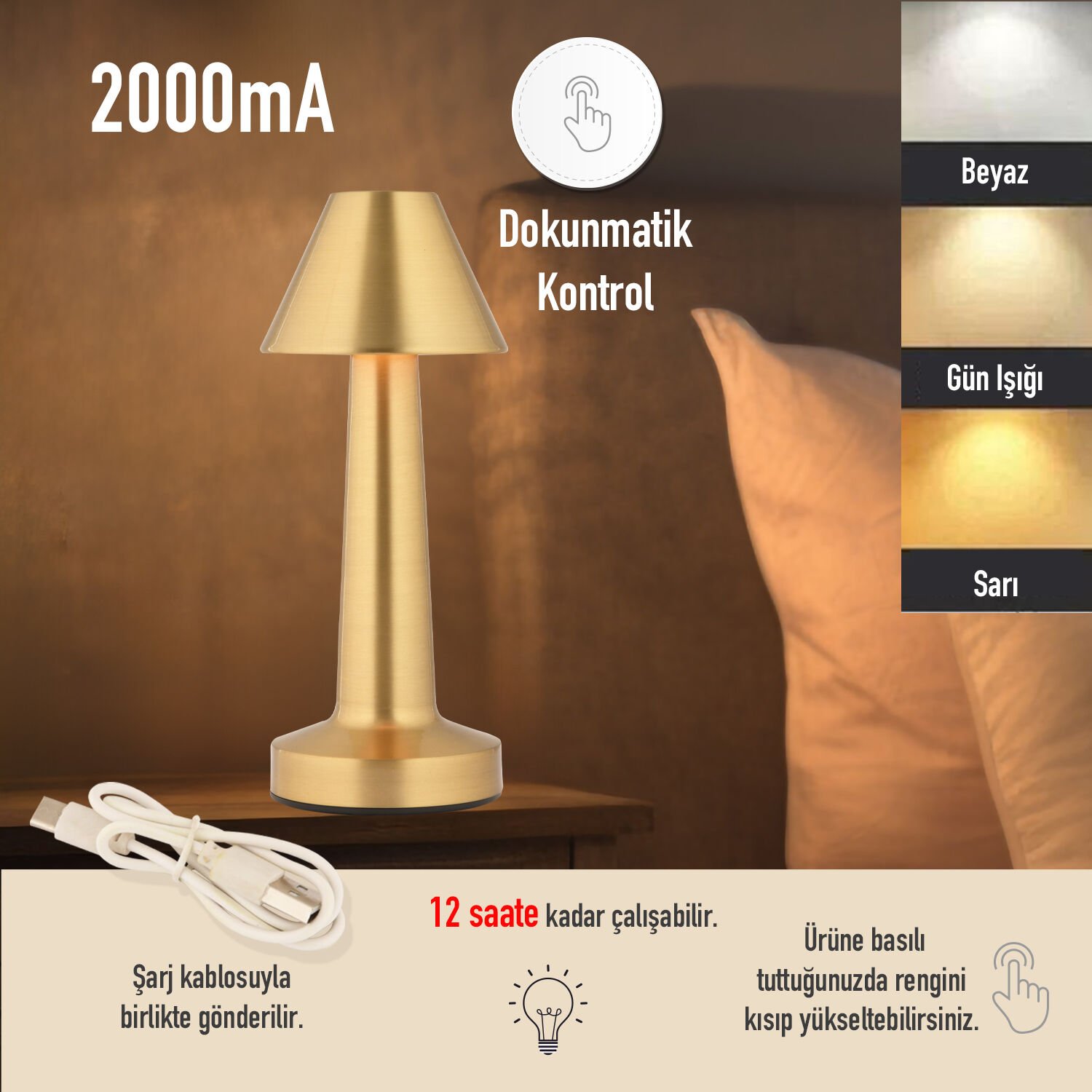 Percy Eskitme Şarjlı Dokunmatik Dim Edilebilir 3 Renkli Masa Lambası 2000ma Pil Gücü Ile 7 Saat