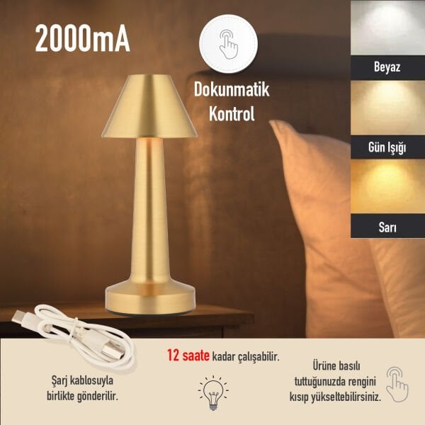 Percy Eskitme Şarjlı Dokunmatik Dim Edilebilir 3 Renkli Masa Lambası 2000ma Pil Gücü Ile 7 Saat