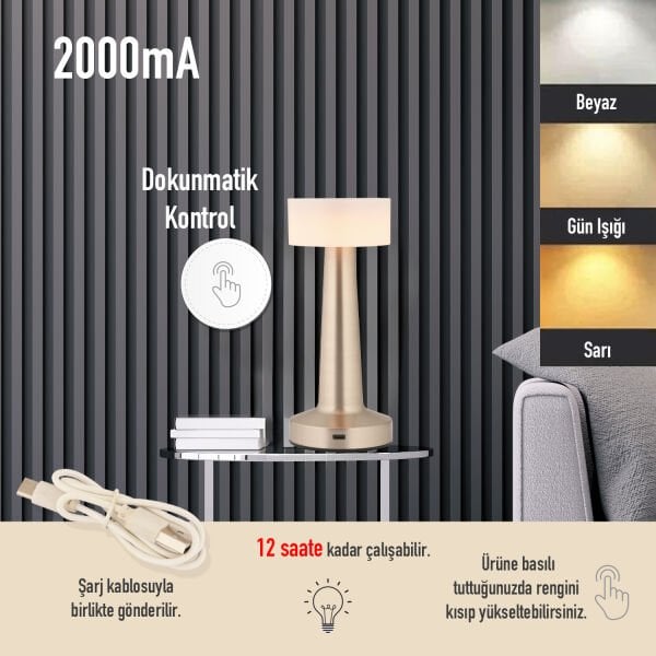 Retus Nikel Şarjlı Dokunmatik Dim Edilebilir 3 Renkli Masa Lambası 2000ma Pil Gücü Ile 7 Saat