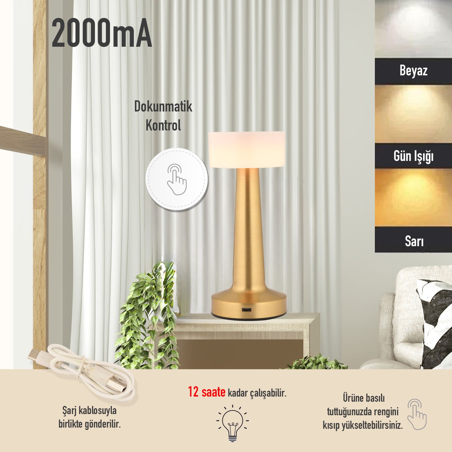 Retus Eskitme Şarjlı Dokunmatik Dim Edilebilir 3 Renkli Masa Lambası 2000ma Pil Gücü Ile 7 Saat