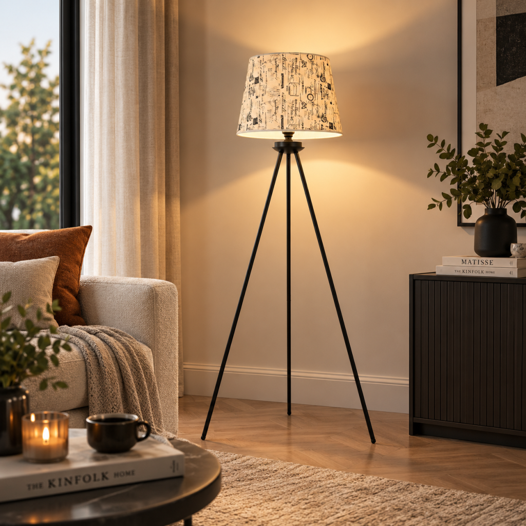 Epona Desenli Şapkalı Siyah Modern Dekoratif Salon Lambader
