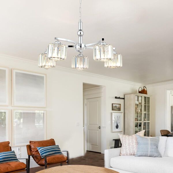 Amir 5 Kollu Krom Kaplama Kristalli Taşlı Modern Tasarım Kristal Salon Avize