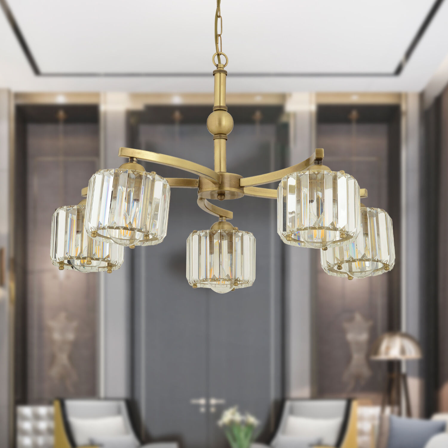 Amir 5 Kollu Eskitme Kristalli Taşlı Modern Tasarım Kristal Salon Avize