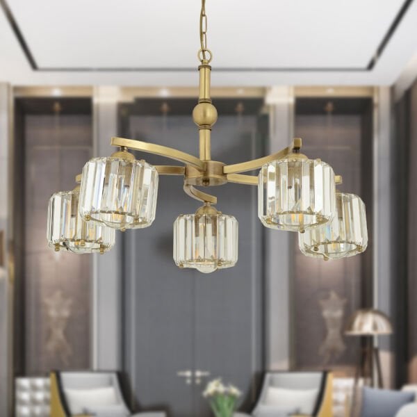 Amir 5 Kollu Eskitme Kristalli Taşlı Modern Tasarım Kristal Salon Avize