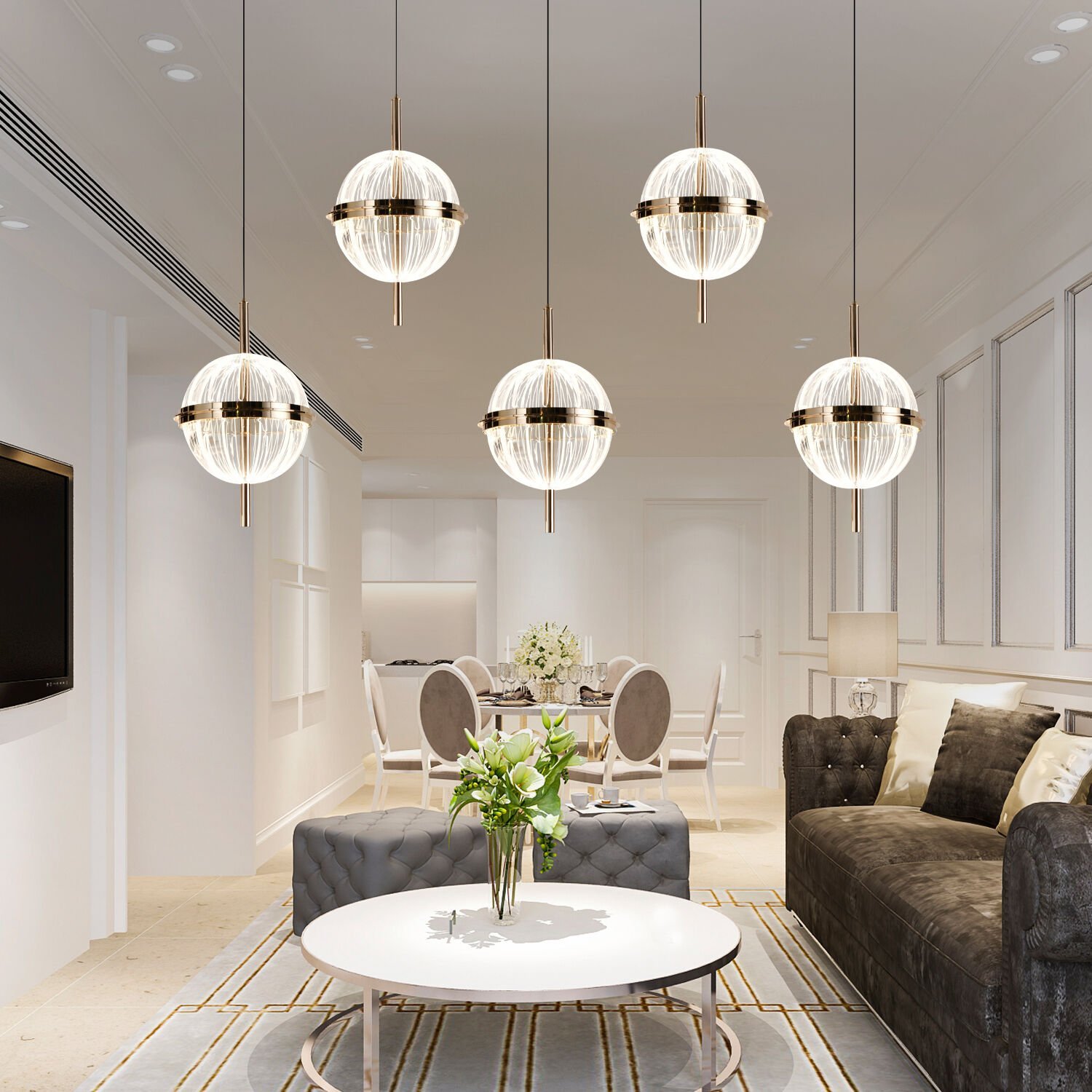 Loret 5'li Sıralı 60 Watt Gold Kristalli Modern Salon Yemek Masası Üstü Sarkıt Led Avize