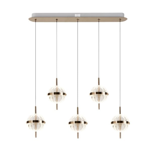 Loret 5'li Sıralı 60 Watt Gold Kristalli Modern Salon Yemek Masası Üstü Sarkıt Led Avize