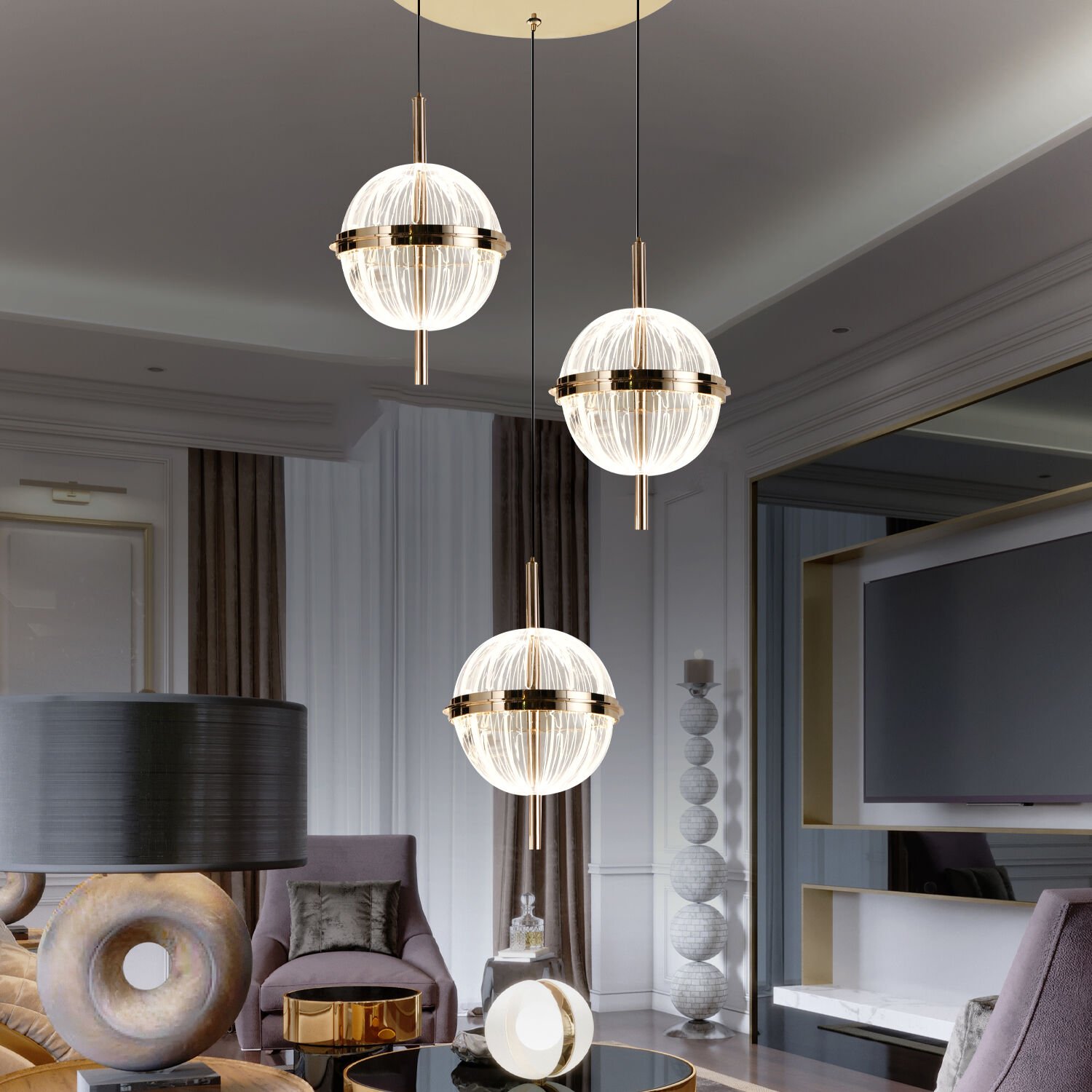 Loret 3'lü Yuvarlak 36 Watt Gold Krisatlli Modern Salon Oturma Odası Sarkıt Led Avize