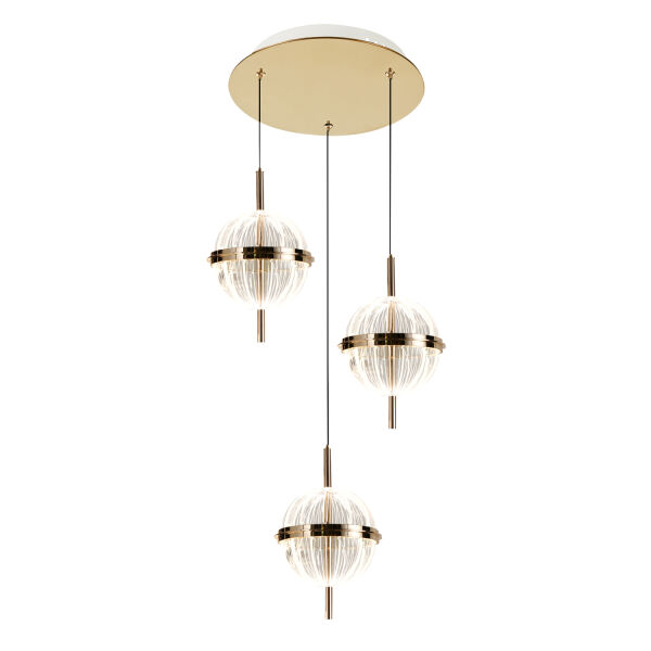 Loret 3'lü Yuvarlak 36 Watt Gold Krisatlli Modern Salon Oturma Odası Sarkıt Led Avize