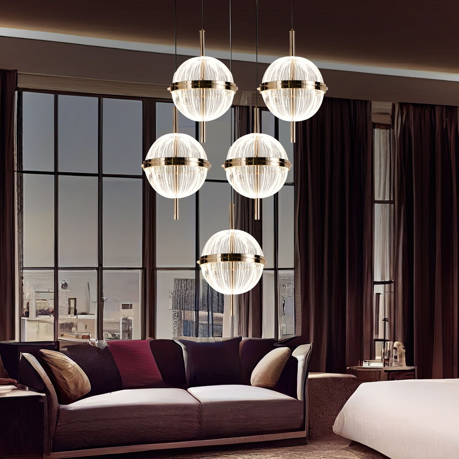 Loret 5'li Yuvarlak 60 Watt Gold Krisatlli Modern Salon Oturma Odası Sarkıt Led Avize