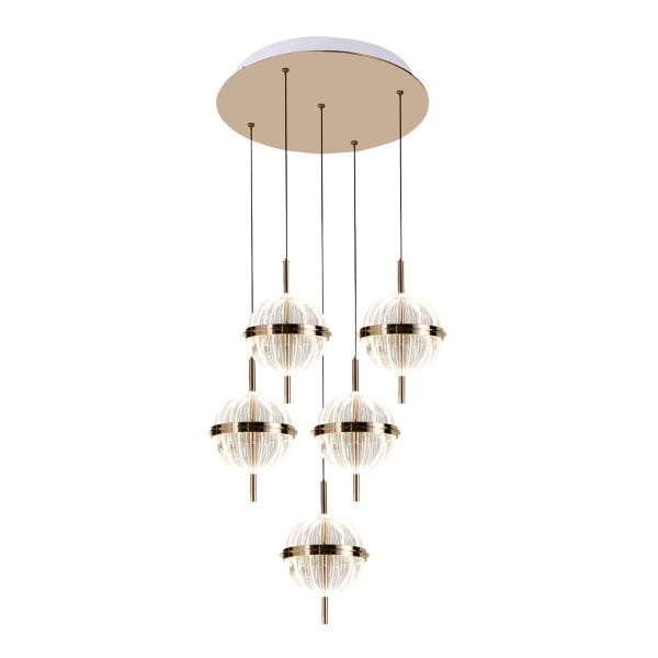 Loret 5'li Yuvarlak 60 Watt Gold Krisatlli Modern Salon Oturma Odası Sarkıt Led Avize