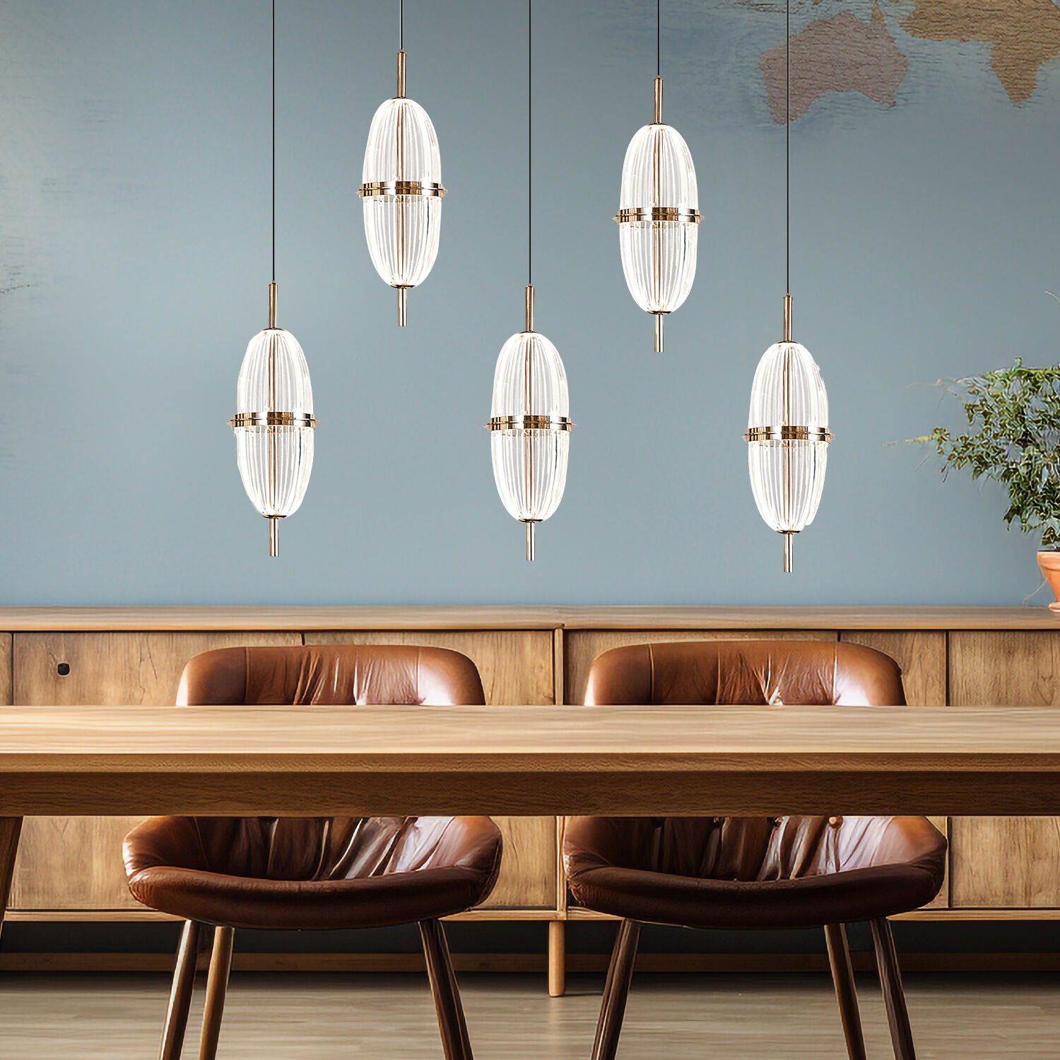 Liona 5'li Sıralı 50 Watt Gold Kristalli Modern Salon Yemek Masası Üstü Sarkıt Led Avize