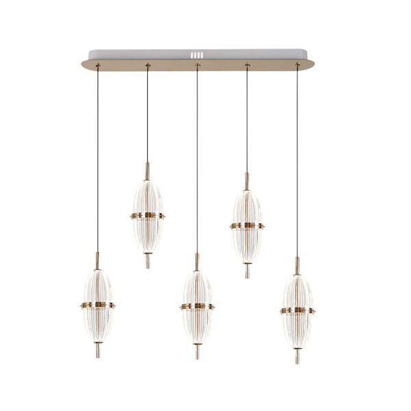 Liona 5'li Sıralı 50 Watt Gold Kristalli Modern Salon Yemek Masası Üstü Sarkıt Led Avize