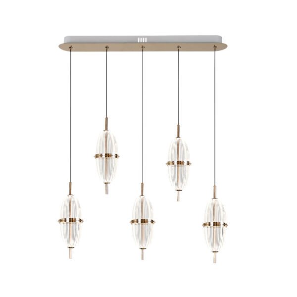 Liona 5'li Sıralı 50 Watt Gold Kristalli Modern Salon Yemek Masası Üstü Sarkıt Led Avize