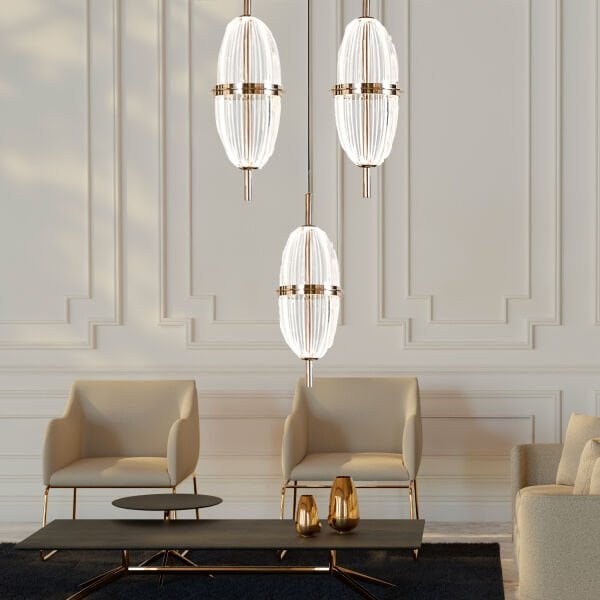 Liona 3'lü Yuvarlak 30 Watt Gold Krisatlli Modern Salon Oturma Odası Sarkıt  Led Avize