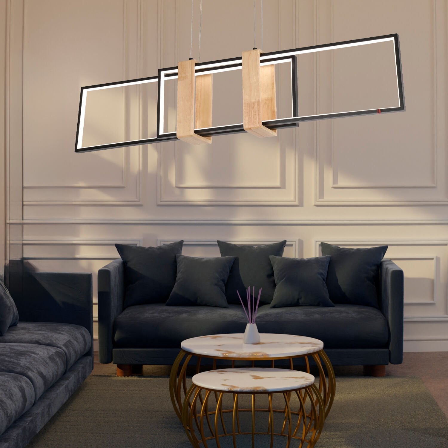 Alena 69 Watt Siyah Dikdörtgen Ahşap Desenli Modern Salon Led Sarkıt Avize