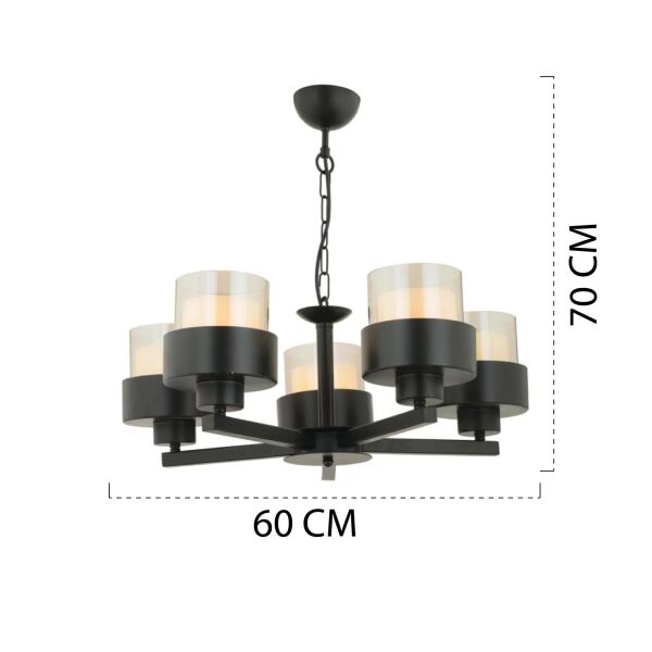 Carla 5 Kollu Siyah Modern Genç Odası Mutfak Oturma Odası Retro Salon Avize