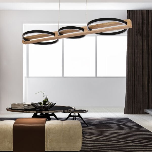 Almina 36 Watt Siyah Yuvarlak Sıralı Ahşap Desenli Modern Salon Led Sarkıt Avize