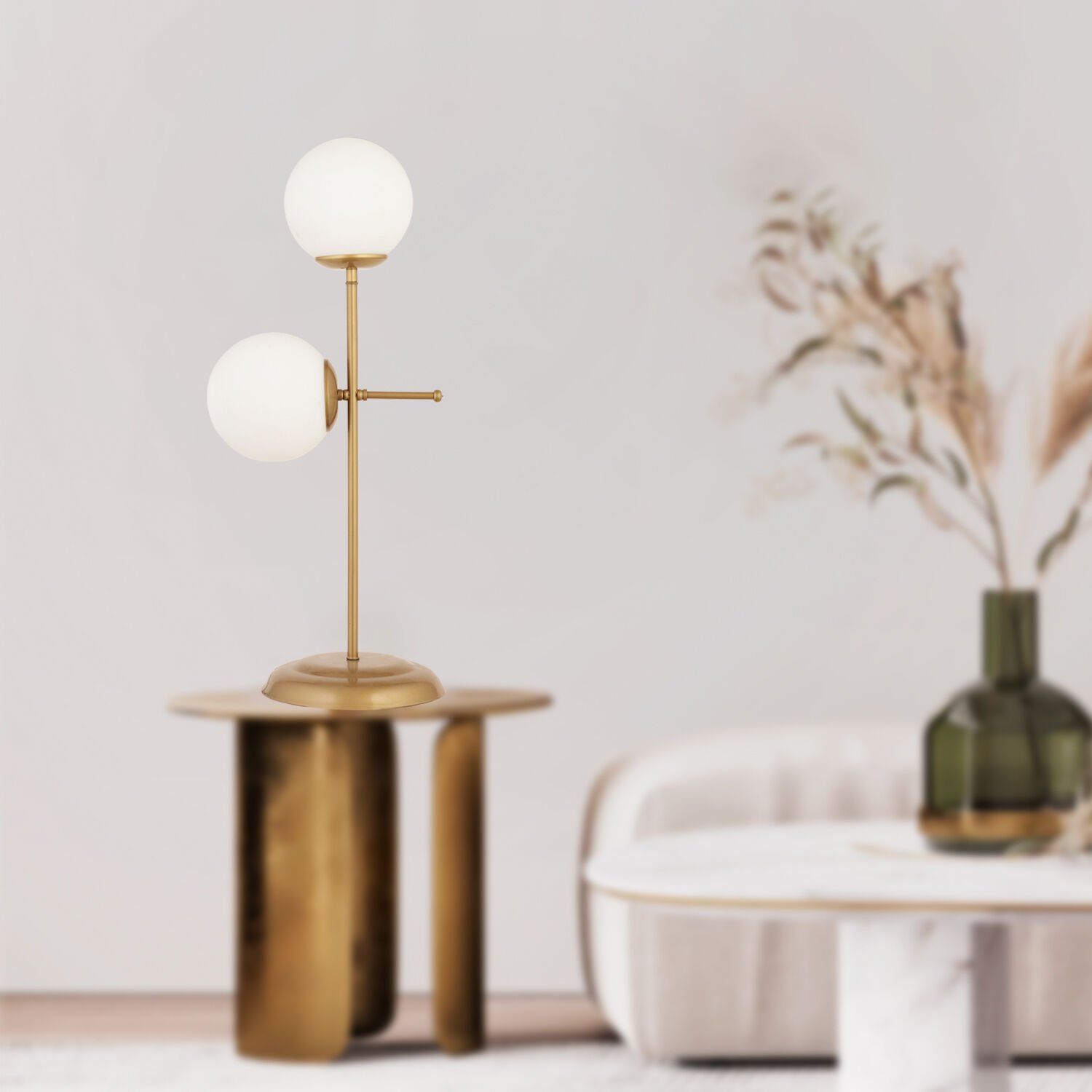 Günay 2li Eskitme Beyaz Camlı Masa Lambası Modern Tasarım Salon-Yatak Odası Abajur