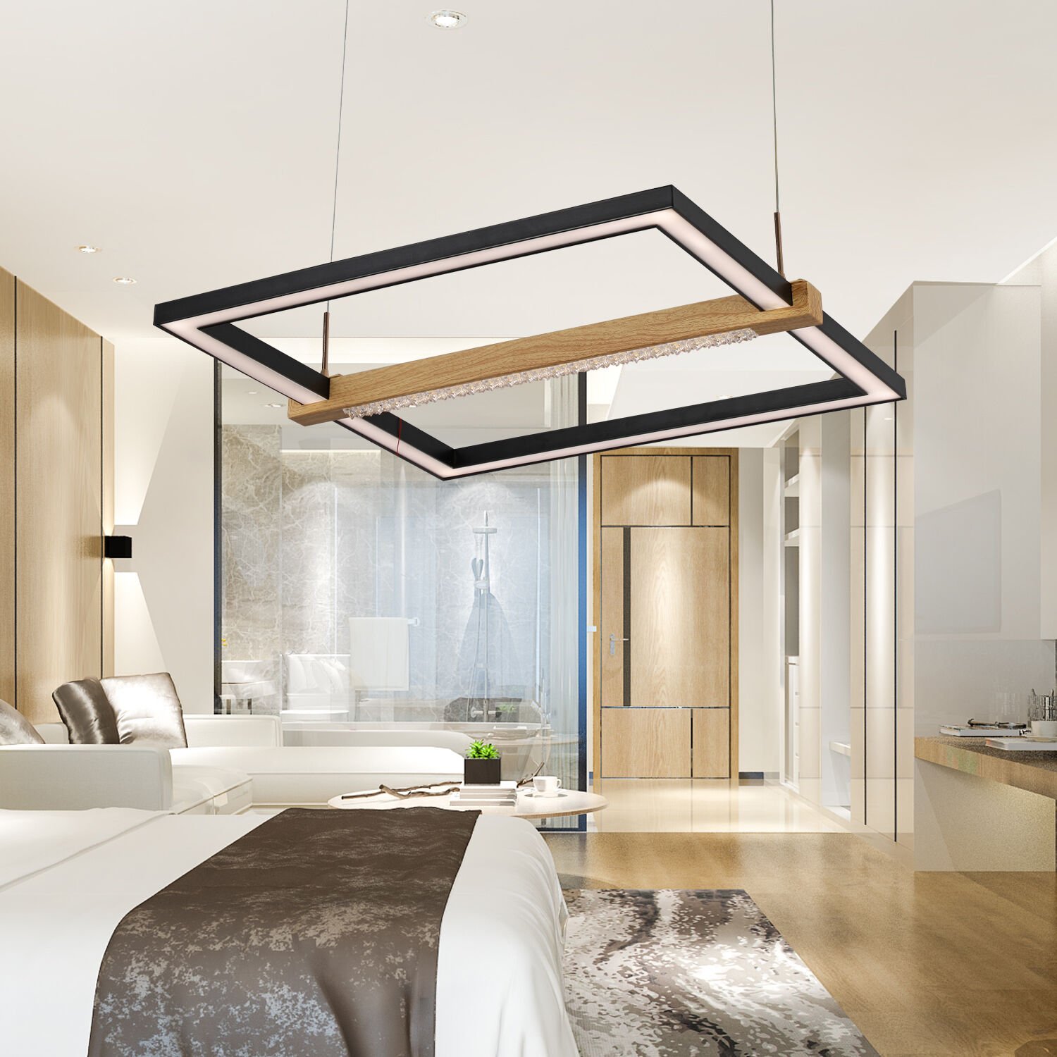 April Siyah Kare 58 Watt Ahşap Desenli Modern Salon Led Sarkıt Avize