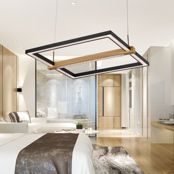 April Siyah Kare 58 Watt Ahşap Desenli Modern Salon Led Sarkıt Avize