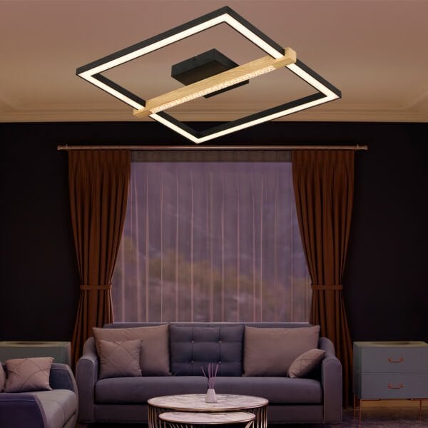 April Siyah 58 Watt Plafonyer Kare Ahşap Desenli Modern Salon Led Avize