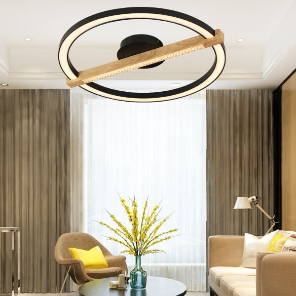 April Siyah Yuvarlak 58 Watt Plafonyer Ahşap Desenli Modern Salon Led Avize