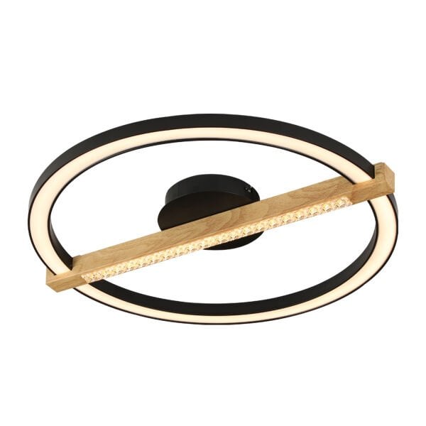 April Siyah Yuvarlak 58 Watt Plafonyer Ahşap Desenli Modern Salon Led Avize