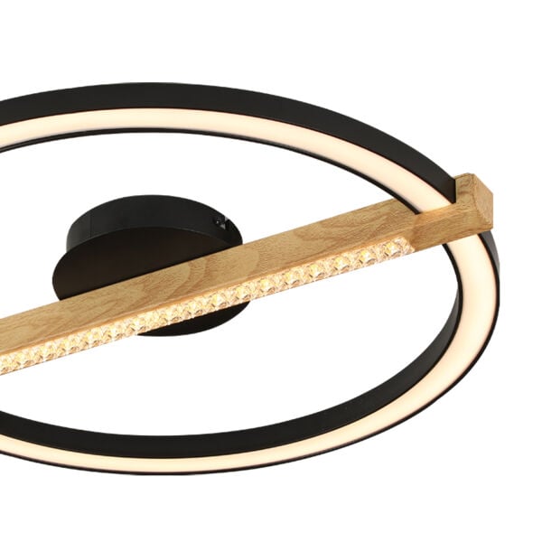 April Siyah Yuvarlak 58 Watt Plafonyer Ahşap Desenli Modern Salon Led Avize