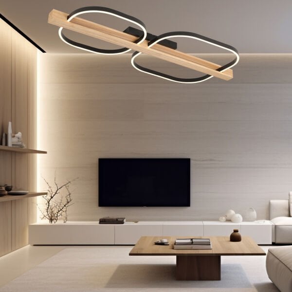 Asrın Siyah 2'li Kare 100 Watt Plafonyer Ahşap Desenli Modern Salon Led Avize