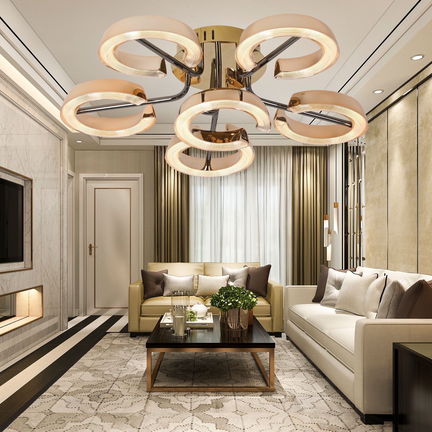 Aster Gold 6'lı 54 Watt Plafonyer Kristal Taşlı Modern Salon Led Avize