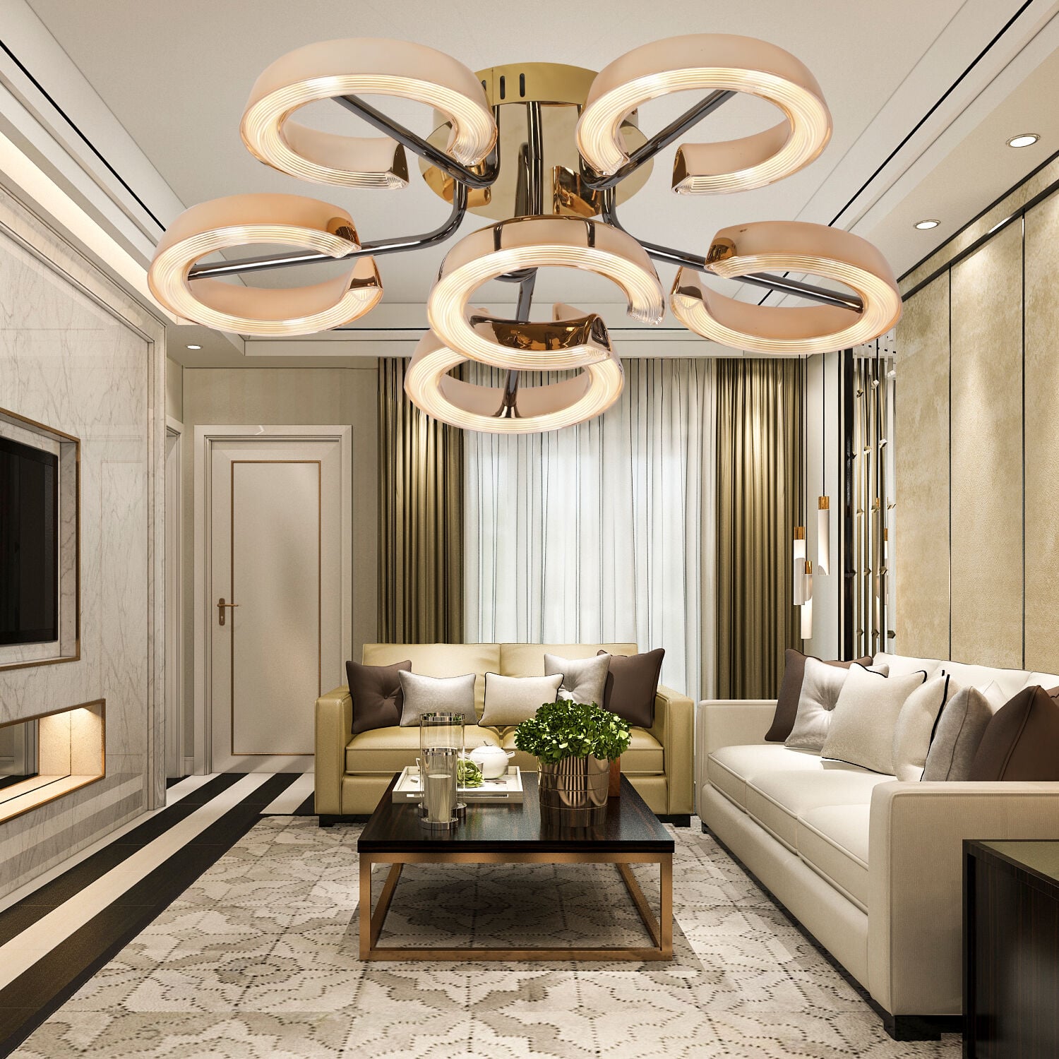 Aster Gold 6'lı 54 Watt Plafonyer Kristal Taşlı Modern Salon Led Avize