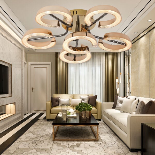 Aster Gold 6'lı 54 Watt Plafonyer Kristal Taşlı Modern Salon Led Avize