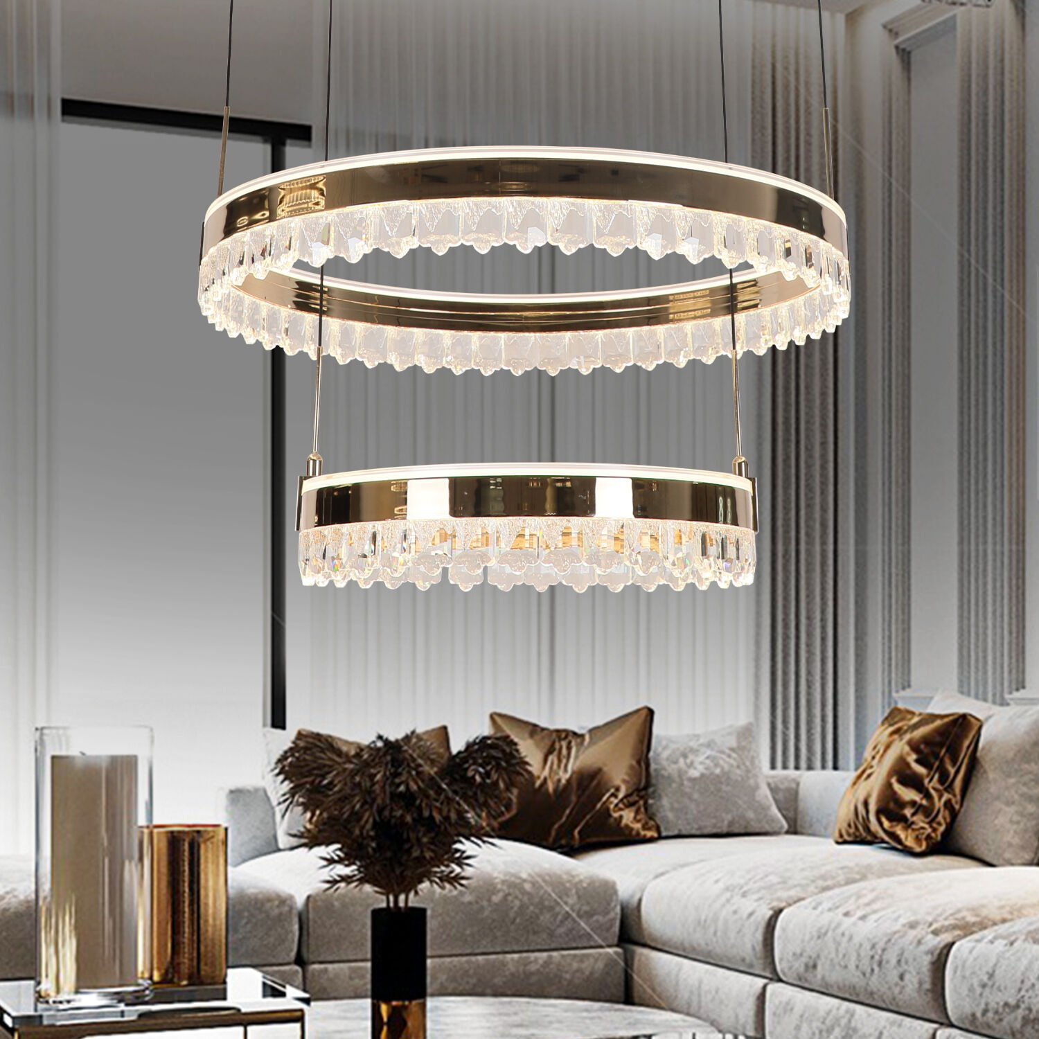 Canel Gold İki Katlı 152 Watt Kristal Taşlı Modern Led Sarkıt Avize