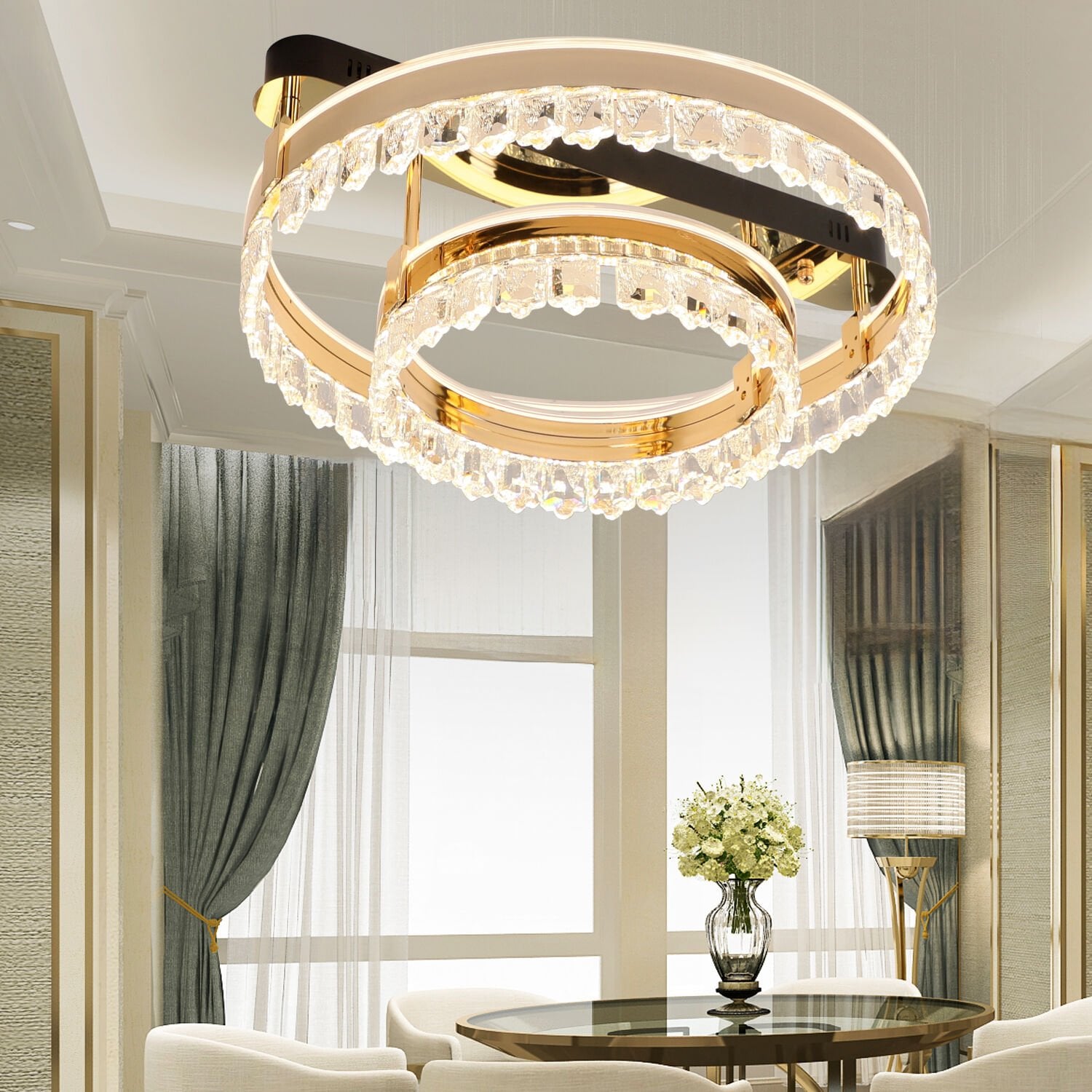 Canel Gold İki Katlı 122 Watt Kristal Taşlı Modern Led Plafonyer Led Avize