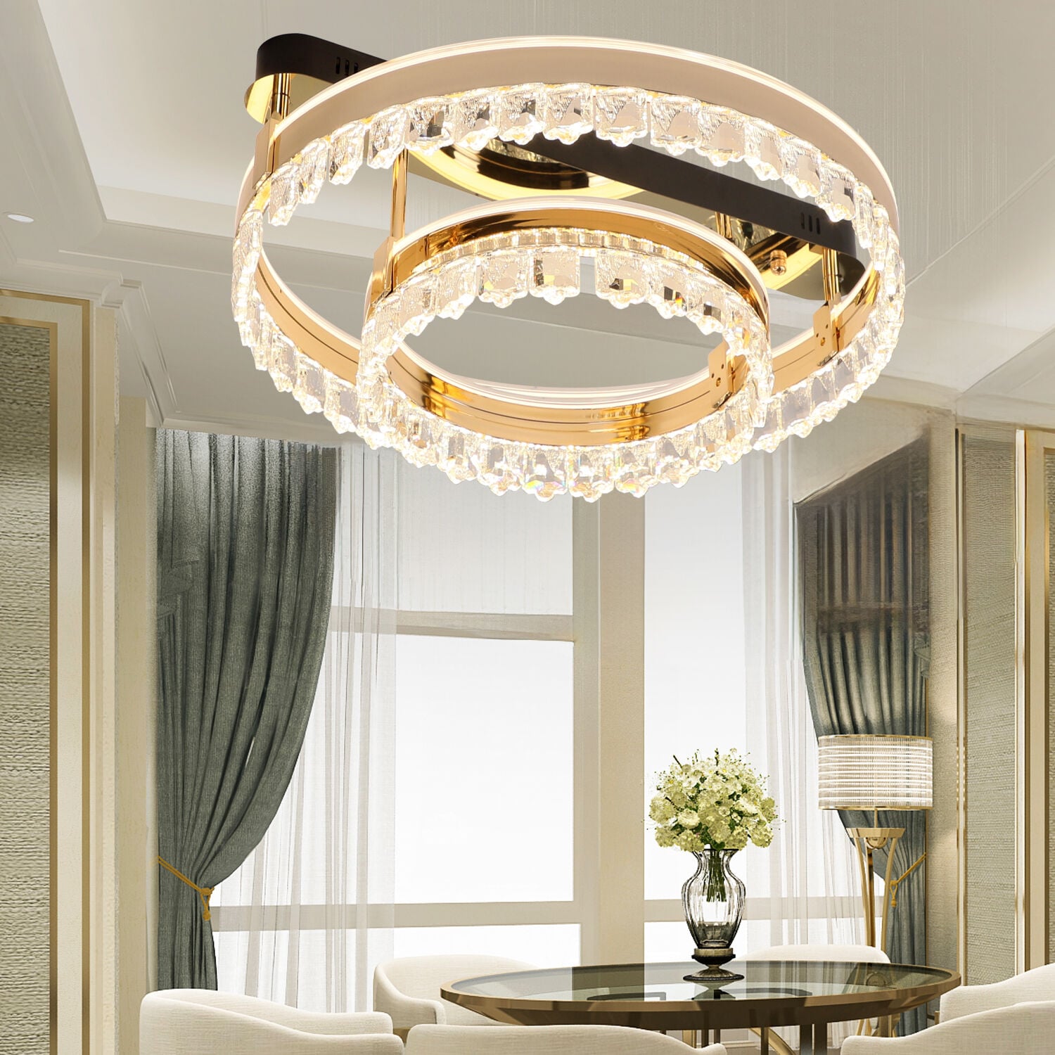 Canel Gold İki Katlı 122 Watt Kristal Taşlı Modern Led Plafonyer Led Avize