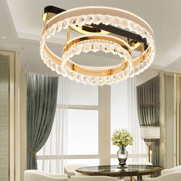 Canel Gold İki Katlı 122 Watt Kristal Taşlı Modern Led Plafonyer Led Avize