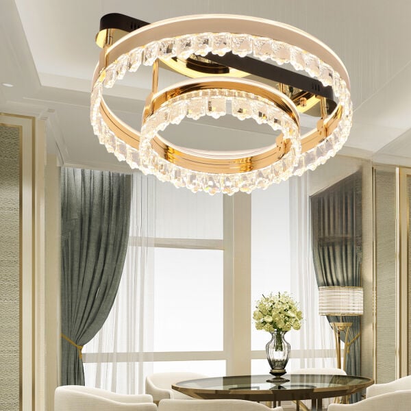 Canel Gold İki Katlı 122 Watt Kristal Taşlı Modern Led Plafonyer Led Avize