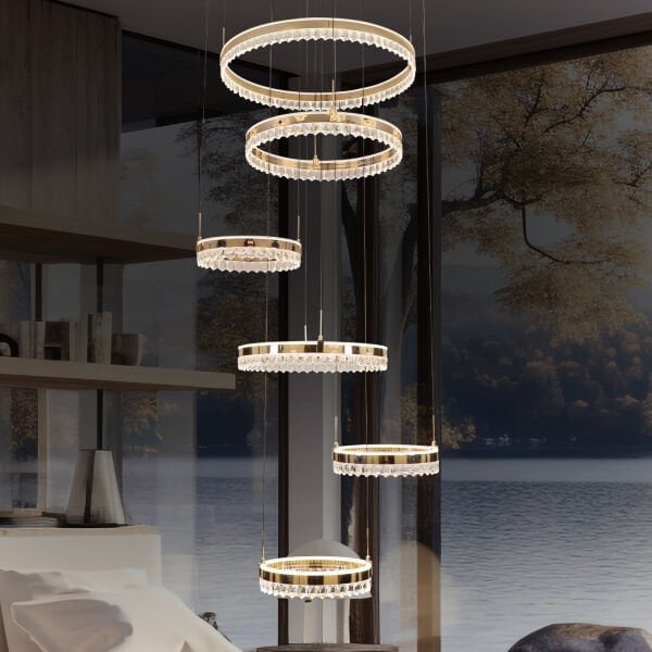 Canel Gold 6 Katlı 485 Watt Kristal Taşlı Modern Led Sarkıt  Led Avize